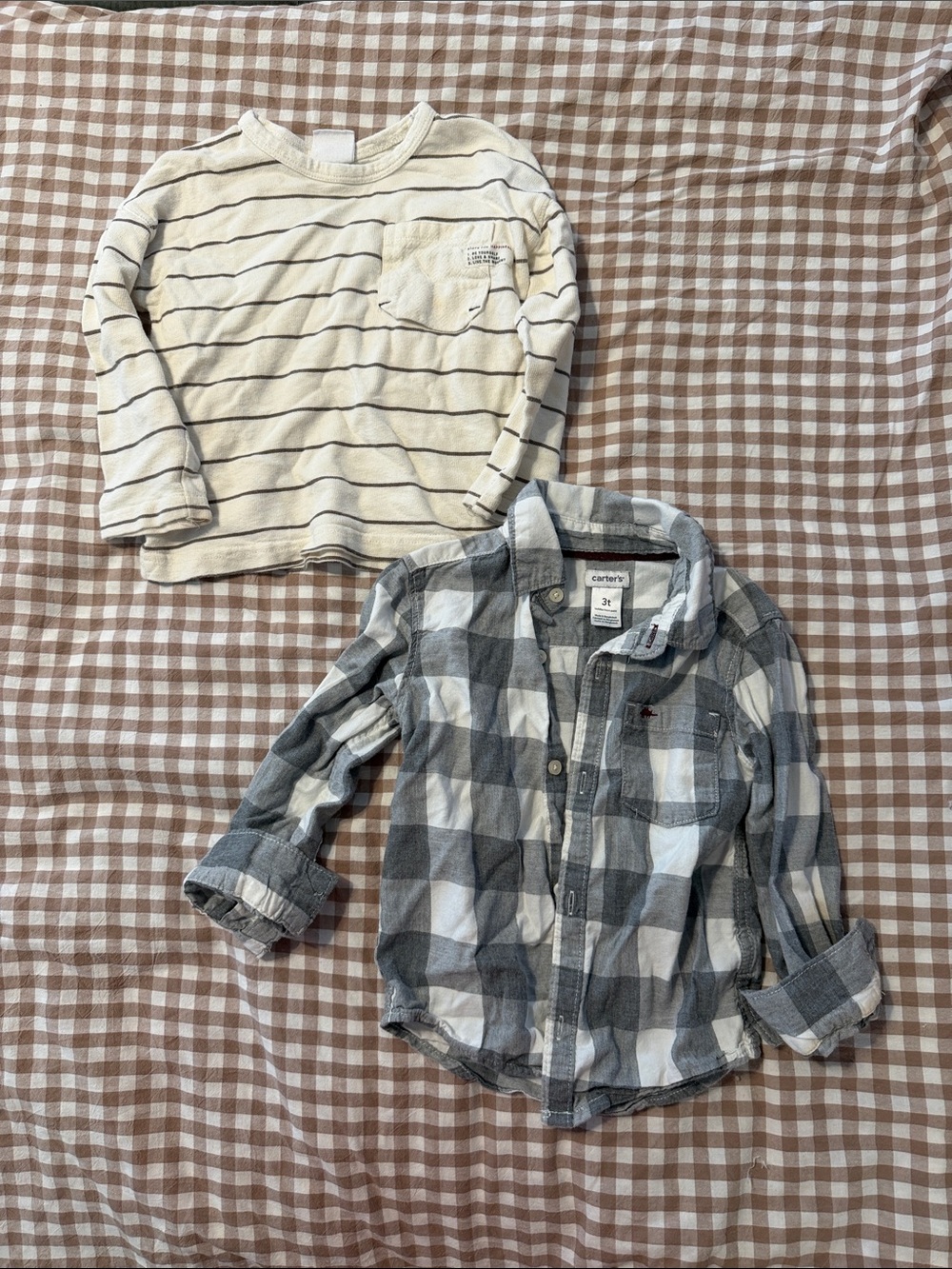 Zara cream shirt and Carter's Gray and White Plaid Long-Sleeve Button-Up Shirt
